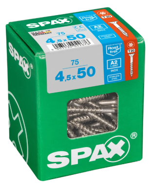 SPAX Edelstahlschraube, 4,5 x 50 mm, 75 Stück, Teilgewinde, Senkkopf, T-STAR plus T20, 4CUT, Edelstahl rostfrei A2, 4197000450507